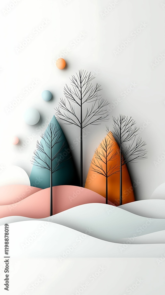 Poster trees various shapes style concept, colorful abstract landscape featuring stylized trees and geometr