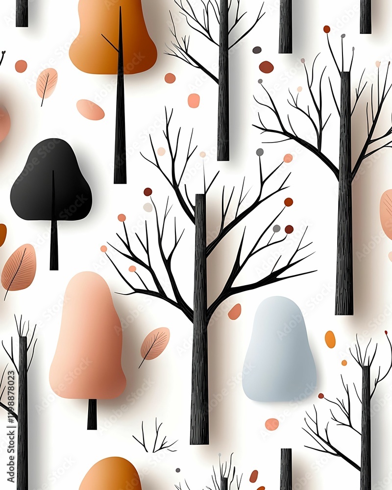 Poster trees various shapes style concept, stylized illustration of trees in various shapes and colors, set