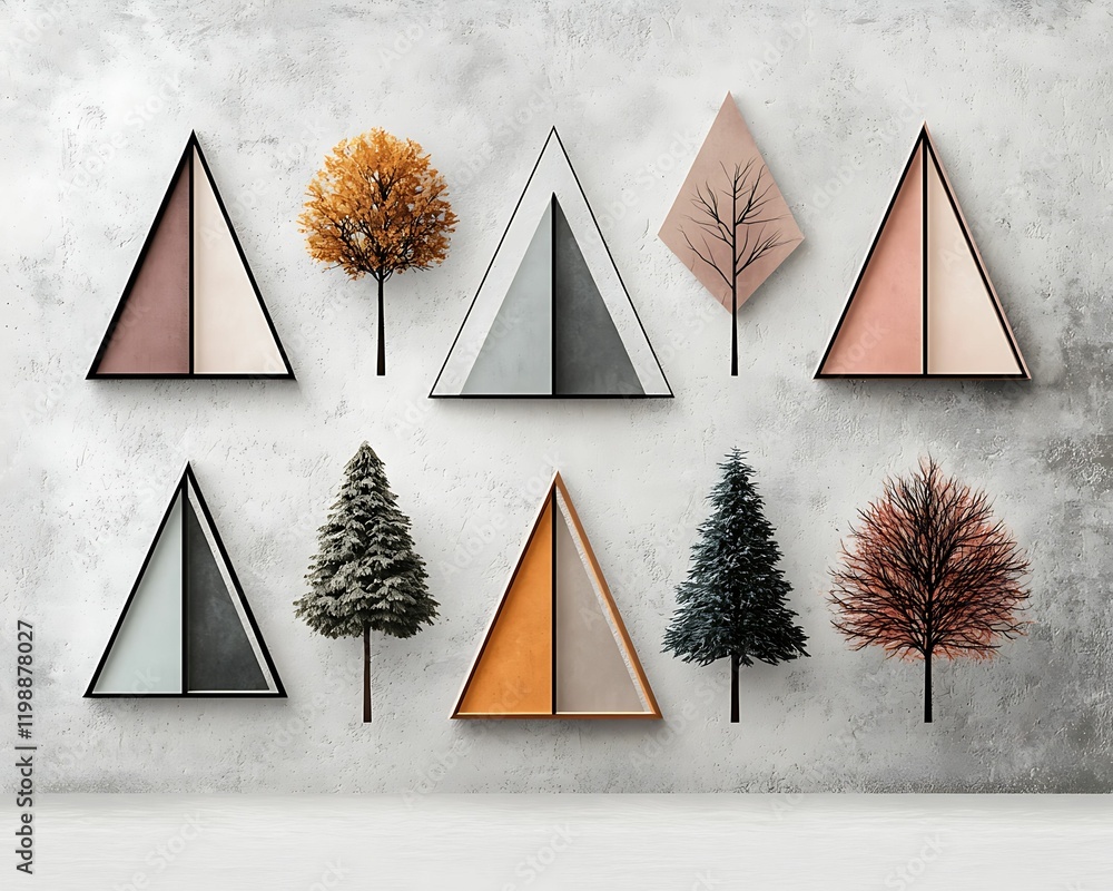 Poster trees various shapes style concept, decorative wall art featuring geometric shapes and stylized tree