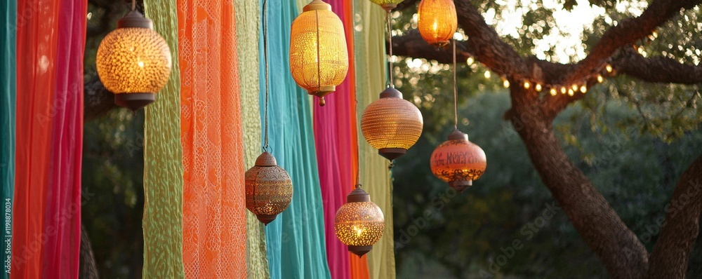 Poster a vibrant display of hanging lanterns and colorful fabrics, creating a festive and enchanting atmosp