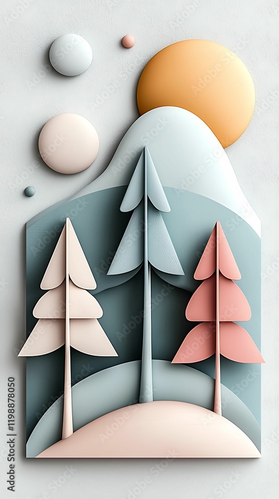 Poster trees various shapes style concept, a stylized illustration of trees and mountains with a pastel col
