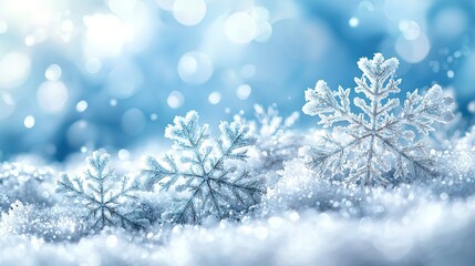 A serene winter scene featuring delicate snowflakes on a soft, snowy background.