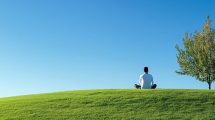 Fototapeta premium Minimalist outdoor meditation scene in panoramic view, solitary figure seated on gentle grassy slope against pristine azure sky, white athletic wear creating stark contrast, vibrant green trees