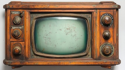An antique wooden television set with a vintage screen and knobs.