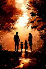 Fototapeta premium Warm autumn family day: parents and children enjoying nature in colorful sunset. Back view. Horizontal banner. Copy space