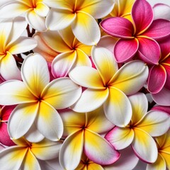 Obraz premium Colorful plumeria or frangipani flowers, with pink, yellow, and white petals against a white background