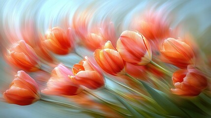 A vibrant display of orange tulips swaying gently, conveying a sense of motion and beauty.