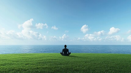 Contemplative outdoor wellness scene in panoramic view, balanced composition of lone figure against expansive blue sky, pristine natural setting with emerald grass slope, mindful meditation