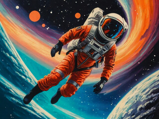 An astronaut in a bright orange spacesuit floating in outer space against the vibrant, dynamic colors of the galaxy.