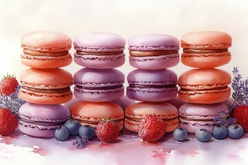 A colorful arrangement of macarons with berries and lavender, showcasing dessert artistry.