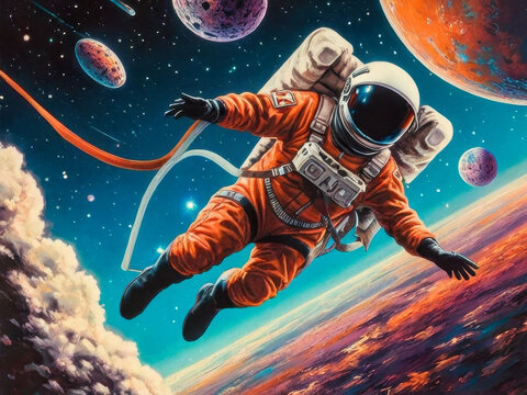 An astronaut in a bright orange spacesuit floating in outer space against the vibrant, dynamic colors of the galaxy.