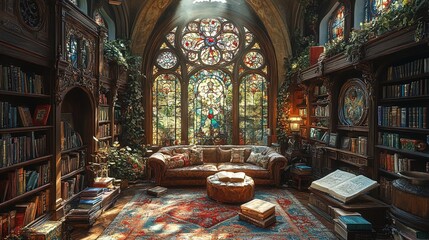 A cozy library with stained glass windows, bookshelves, and a comfortable seating area.