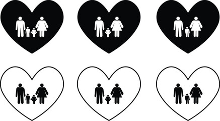 Family greeting icon set in flat and line style. Person gesture black vector collection isolated on transparent background. People leader business concept. Child custody symbol. Washroom Accessibility
