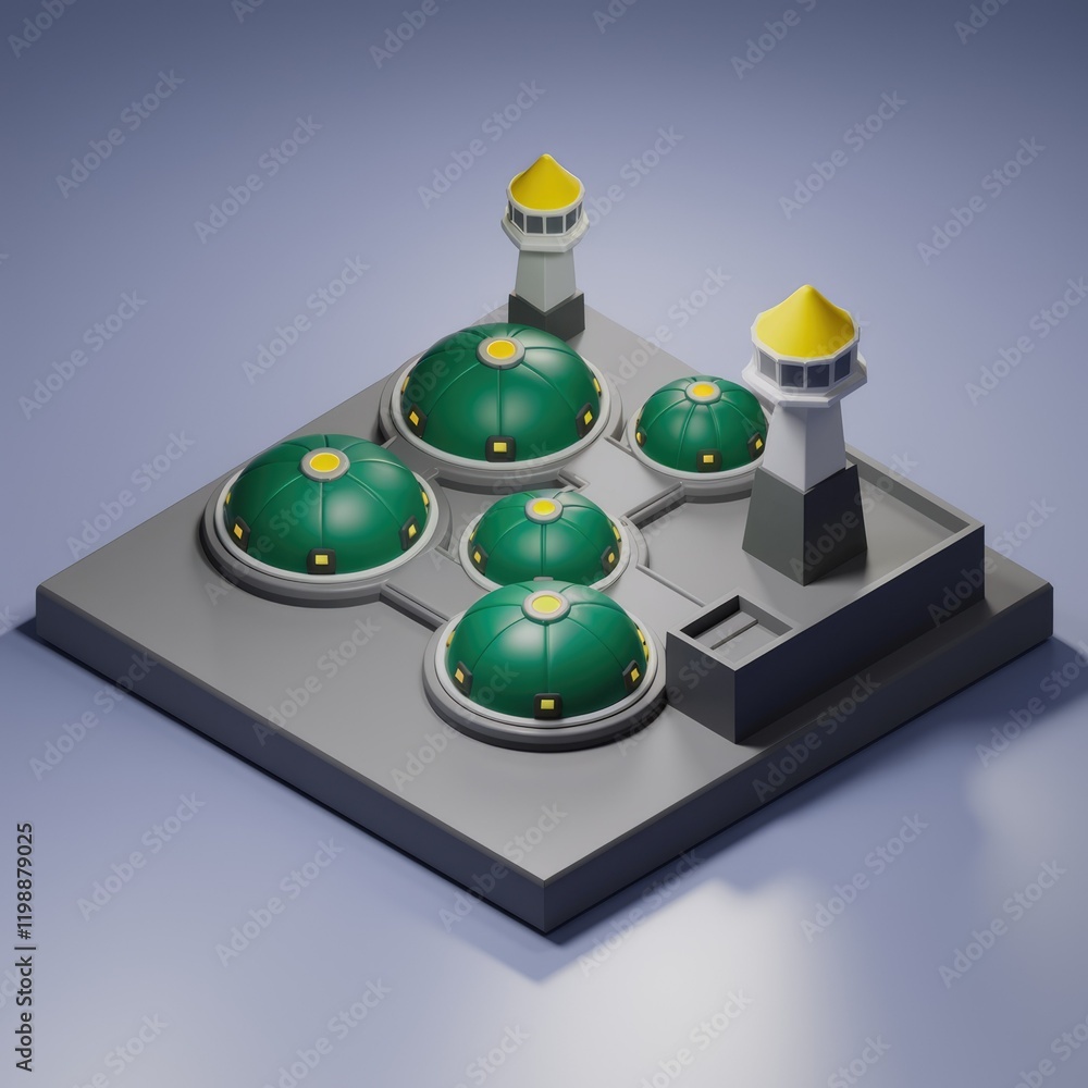 Aufkleber low-poly 3d render of a futuristic island with green dome buildings and two lighthouses.
