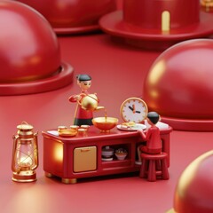 Cartoon characters prepare a festive Chinese meal, symbolizing tradition and celebration.