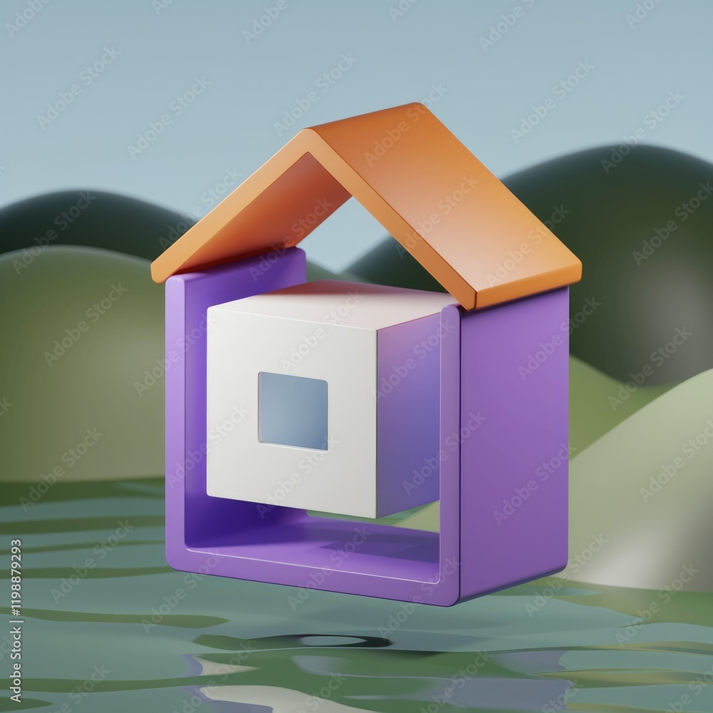 Poster abstract 3d rendering of a house floating on water, colorful blocks forming a home.
