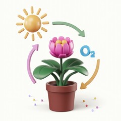 A potted plant undergoes photosynthesis, absorbing sunlight and releasing oxygen.