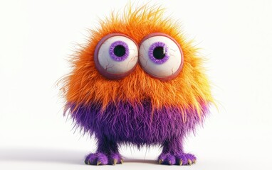 Fototapeta premium Adorable orange and purple fluffy monster with giant eyes, standing on a stark white background