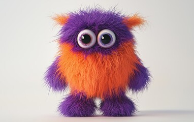 Naklejka premium Adorable orange and purple fluffy monster with giant eyes, standing on a stark white background