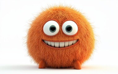 Fototapeta premium Adorable orange monster with a soft, furry texture, goofy smile, cartoon-style 3D, centered on white