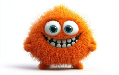 Fototapeta premium Adorable orange monster with a soft, furry texture, goofy smile, cartoon-style 3D, centered on white