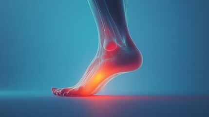 anatomical foot study, highlighted pain points in ankle area, translucent skin effect with red glow, bare foot on neutral surface, soft blue backdrop, medical illustration style, professional lighting