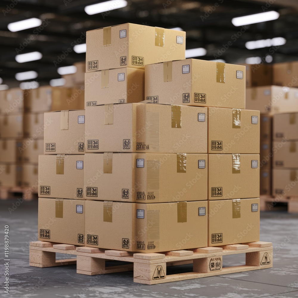 Poster a stack of cardboard boxes on a wooden pallet in a warehouse, representing logistics and storage.