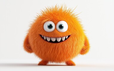 Obraz premium Adorable orange monster with a soft, furry texture, goofy smile, cartoon-style 3D, centered on white