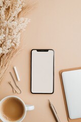 Minimalist Flat Lay of Modern Productivity Tools Smartphone and Accessories on Warm Beige Surface - Business Branding and Professional Lifestyle Content for Creative Marketing