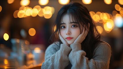 A contemplative young woman rests her chin on her hands, surrounded by warm, glowing lights.
