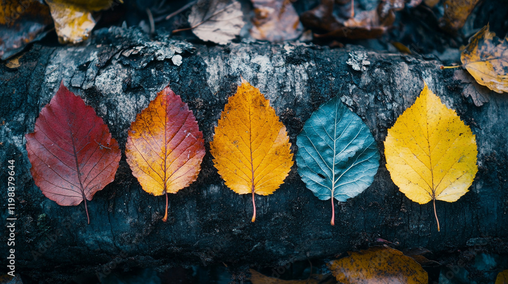 Poster colorful autumn leaves arranged in a row on a log in a forest setting