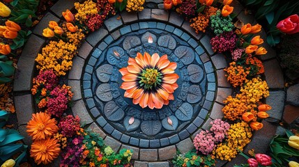 A vibrant floral arrangement in a circular pattern, showcasing various colorful flowers.