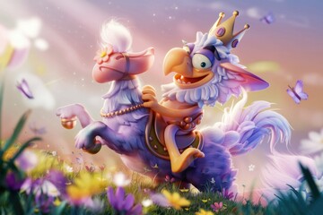 Fototapeta premium A crowned creature joyously rides a fluffy steed through a vibrant, flower-filled meadow.