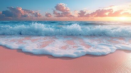 A serene beach scene at sunset with gentle waves lapping at a pink sandy shore.