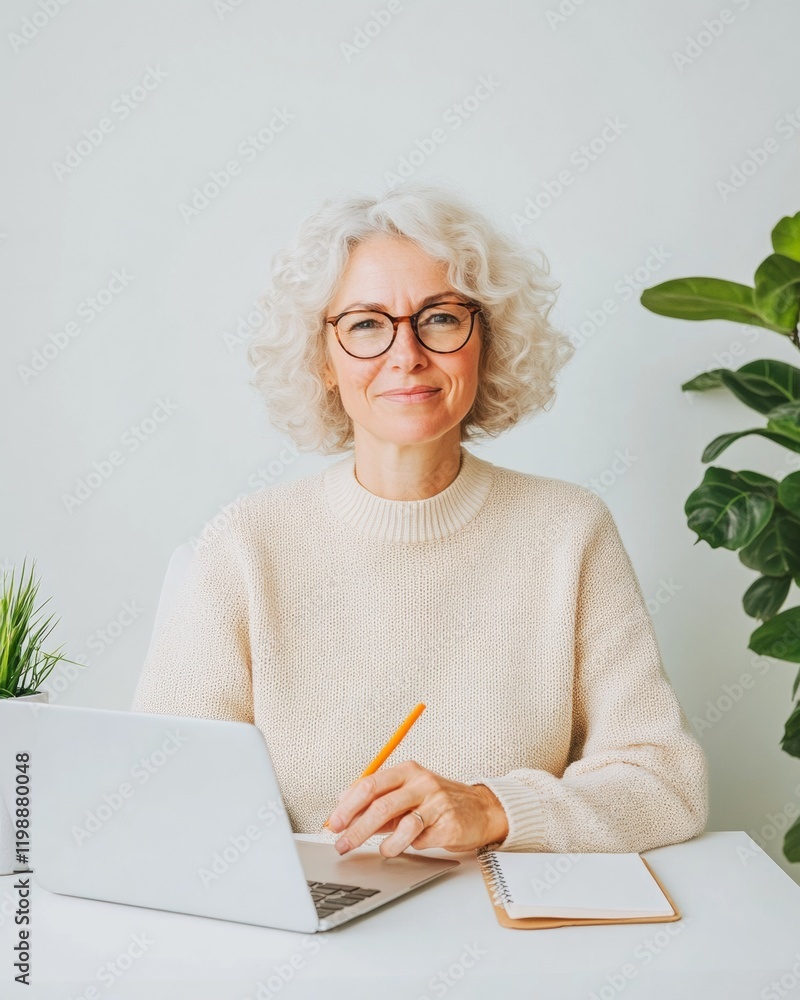 Poster contemporary home office remote work setup with laptop and notepad - embracing virtual collaboration