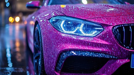 A close-up of a vibrant pink car with rain droplets, showcasing its sleek design and headlights.