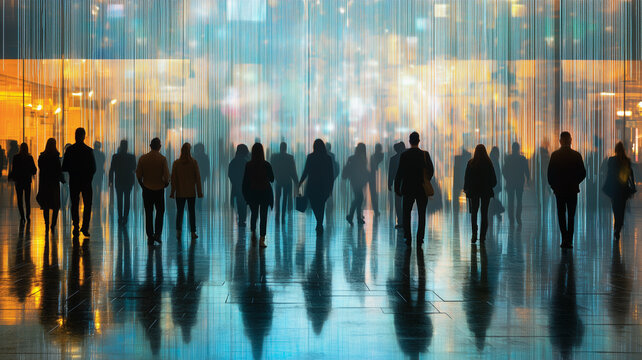 City Lights, Silent Shadows: An evocative silhouette of a crowd walking amidst a shimmering city lightscape, creating a sense of anonymity and the transient nature of urban life.