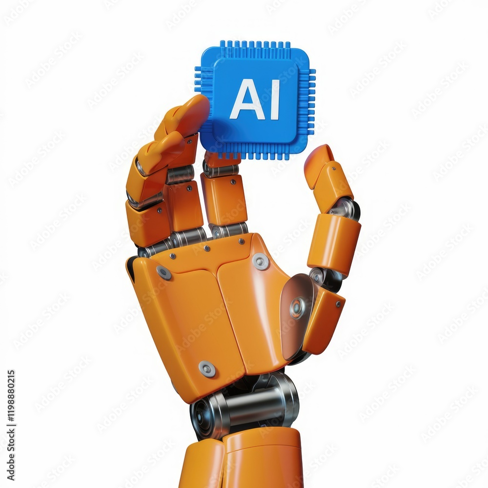 Poster A robotic hand holding an AI microchip, symbolizing artificial intelligence and robotics.