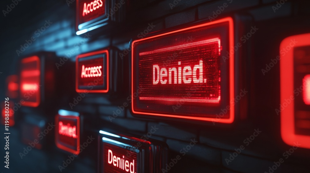 Poster futuristic cybersecurity visuals neon red access denied screens and glitch effects on dark textured 