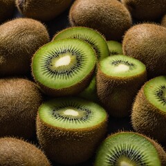 A stack of kiwis with one sliced open on top.