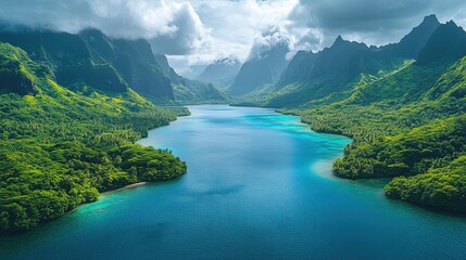 Lush green mountains surround a serene blue lake under a cloudy sky, evoking tranquility.