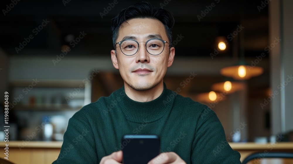 Poster Sleek Digital Finance Korean Professional Using Mobile Banking App in Minimalist Urban Cafe for Secure Transactions - Modern Fintech Application in Stylish Business Environment