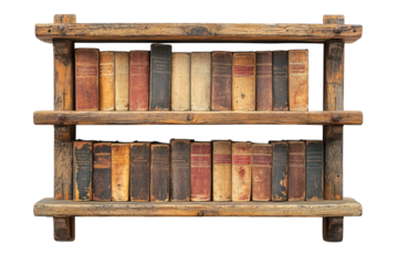 Rustic wooden bookshelf displaying vintage books with worn covers, perfect for a cozy reading space