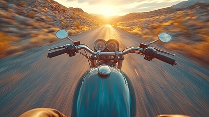 A motorcycle view on a winding road at sunset, capturing a sense of adventure and freedom.