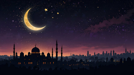 Nighttime View of a Mosque with the Moon in the Sky Peaceful Islamic Landscape