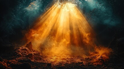 Ethereal underwater scene with rays of light illuminating the ocean floor.