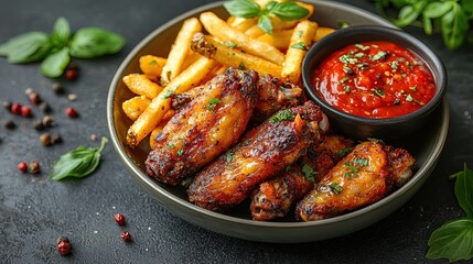 A delicious plate featuring crispy chicken wings, fries, and marinara sauce garnished with herbs.