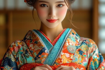 Fototapeta premium Beautiful woman wearing a colorful kimono in a traditional setting showcasing Japanese culture and elegance
