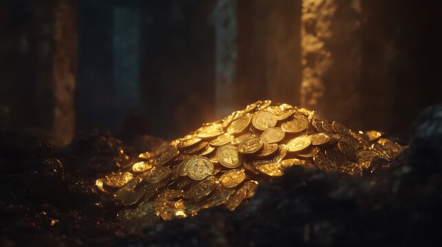 A pile of gold coins shining against a dark, mysterious backdrop