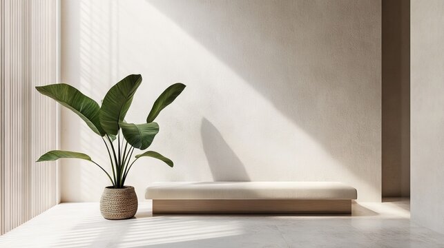 contemporary wellness room, cream cushioned bench, light wood furniture, large green leaf plant in textured pot, diagonal window light, pure white walls, peaceful minimalist aesthetic